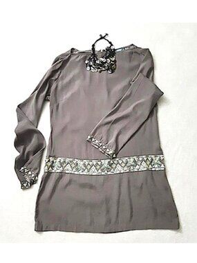 GUESS by MARCIANO Silk Blend Grey Dress Tunic Embroidered MOP WhiteButton Sequin
